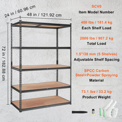 Black 5-tier heavy duty metal storage shelving unit, 48x24x72 inches, with adjustable shelves.