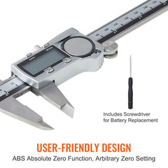 Stainless steel digital caliper measuring tool with LCD screen, 0-6" range, and precision accuracy.