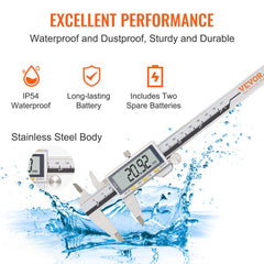 Stainless steel digital caliper measuring 0-6 inches, waterproof with large LCD display.