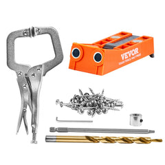 Bostome Pocket Hole Jig Kit with 56 pieces, including a 9" C-clamp and various drill bits.