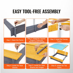 Infographic showing tool-free assembly steps for a wooden sandbox with canopy.