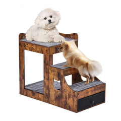 Brown pet bunk bed with stairs, storage drawer, and double-decker design for dogs or cats.