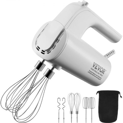 Digital electric hand mixer with 5-speed control, LCD display, and stainless steel accessories.