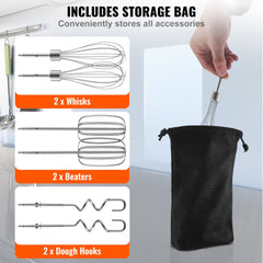 Digital electric hand mixer with 5-speed control, LCD display, and stainless steel accessories.