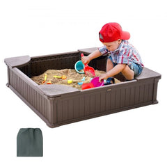 Brown square kids sandbox with cover, four corner seats, and durable HDPE construction.