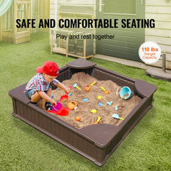 Brown square kids sandbox with cover, four corner seats, and HDPE construction.