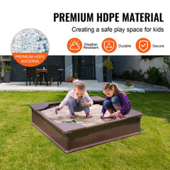 Brown square kids sandbox with cover, four corner seats, and durable HDPE construction.