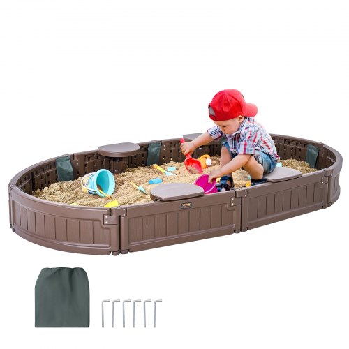 Brown oval HDPE sandbox with cover and four corner seats for outdoor play.