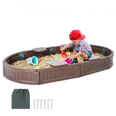 Brown oval HDPE sandbox with cover and four corner seats for outdoor play.