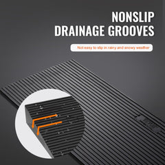 Natural rubber threshold ramp with anti-slip grooves for wheelchairs and robots.