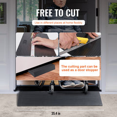 Natural rubber threshold ramp with anti-slip grooves for wheelchairs and robots.