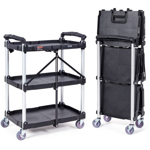 Foldable utility cart with three shelves, ergonomic handle, and lockable swivel casters.