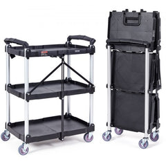 Foldable utility cart with three shelves, ergonomic handle, and lockable swivel casters.