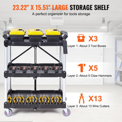 Foldable utility cart with three shelves, ergonomic handle, and lockable swivel casters.
