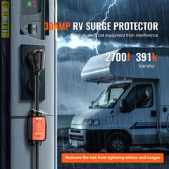 30 Amp RV surge protector with 2700 Joules protection connected to a white RV in rain.