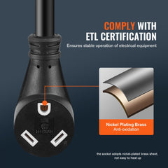 Close-up of a black 30 Amp RV surge protector plug with NEMA TT-30 prongs, nickel-plated brass contacts, and ETL certification label.