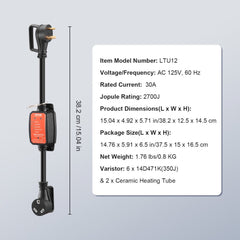 30 Amp RV surge protector with 2700 Joules protection, connected to a power pedestal.