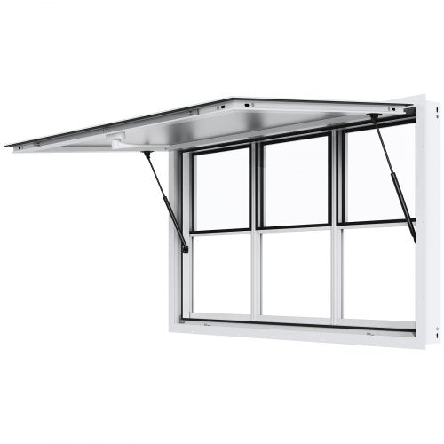 Aluminum concession window with vertical lift, awning, and six small ventilation windows.