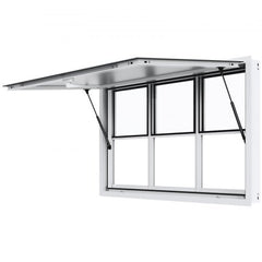 Aluminum concession window with vertical lift, awning, and six small ventilation windows.