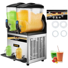 Bostome 30L commercial slushy machine with dual 15L tanks holding green and orange slush.