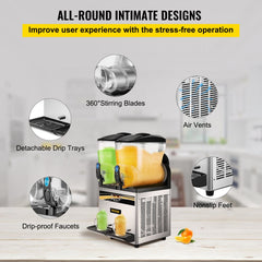 Bostome 30L commercial slushy machine with dual 15L tanks, 360-degree blades, air vents, detachable drip trays, drip-proof faucets, and non-slip feet.