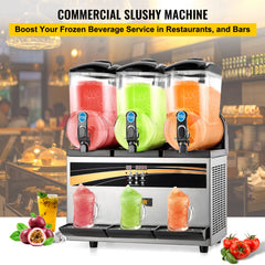 A stainless steel slushy machine with three clear tanks filled with red, green, and orange slush.