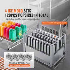 Commercial popsicle machine with 4 molds holding 120 ice pops, shown with colorful popsicles.