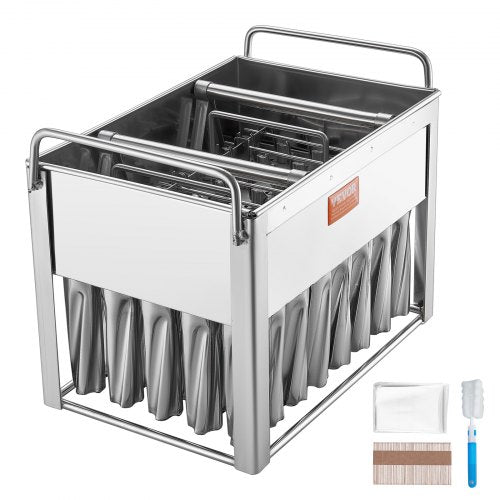 Stainless steel cylindrical popsicle mold rack with 40 cavities, sticks, bags, and brush.
