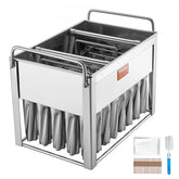 Stainless steel cylindrical popsicle mold rack with 40 cavities, sticks, bags, and brush.