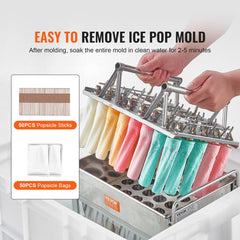 Stainless steel cylindrical popsicle mold rack with 40 cavities, holding colorful popsicles on sticks.
