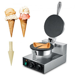 Stainless steel electric waffle cone maker with non-stick plates and temperature control.