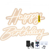 Warm white LED neon sign displaying "Happy Birthday" with remote, adapter, and mounting kit.