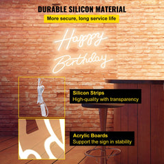 Happy Birthday LED neon sign in warm white, 18x8 and 26x7.5 inches, with silicone strips and acrylic boards.