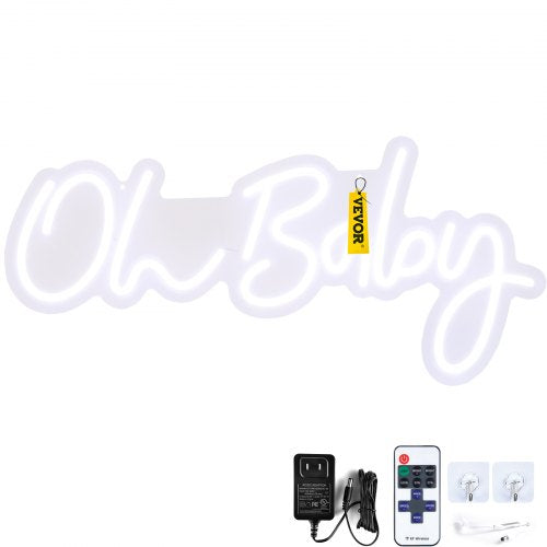 White LED neon sign reading "Oh Baby" with dimmable remote, power adapter, and mounting hardware.