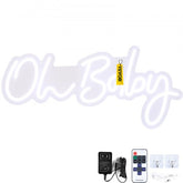 White LED neon sign reading "Oh Baby" with dimmable remote, power adapter, and mounting hardware.