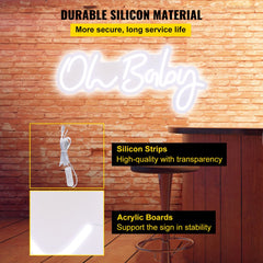 White LED neon sign reading "Oh Baby" with dimmable remote, 23.5x12 inches.