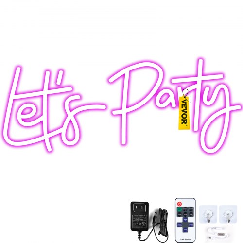 Pink neon sign reading "Let's Party" with remote control, power adapter, and mounting hardware, 23x10 inches.
