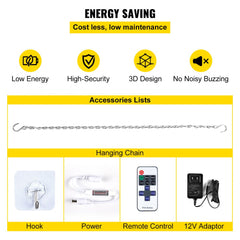 Pink neon sign reading "Let's Party" with remote control, power adapter, hook, and hanging chain.