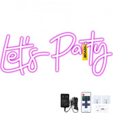 Pink "Let's Party" neon sign, 26"x12", with adjustable brightness and multiple flashing modes.