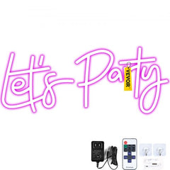 Pink "Let's Party" neon sign, 26"x12", with adjustable brightness and multiple flashing modes.