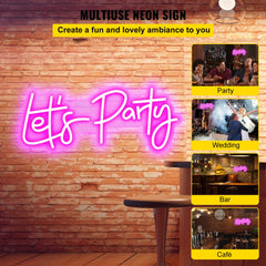 Pink "Let's Party" neon sign, 26"x12", with adjustable brightness and multiple flashing modes.