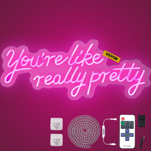 Pink LED neon sign reading "You're Like Really Pretty" with dimmer remote, power adapter, and mounting hardware.