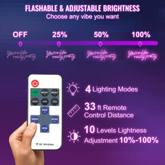 Pink LED neon sign displaying "You're Like Really Pretty" with remote control showing brightness levels and modes.