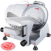 Silver Bostome 240W electric meat slicer with 10-inch carbon steel blade and adjustable thickness dial.