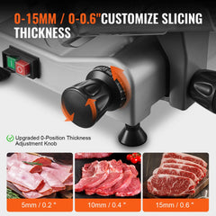 Close-up of Bostome electric meat slicer knob and three meat slices with different thicknesses.