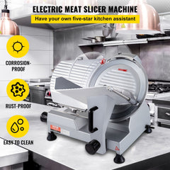 Bostome Commercial Electric Meat Slicer with a 12" carbon steel blade and adjustable thickness knob.