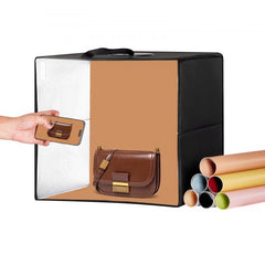 16x16 inch photo studio light box with adjustable LEDs, multi-angle access, and six double-sided backdrops.