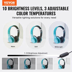 Blue headphones shown with three lighting options and adjustable brightness controls.