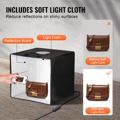 16x16 inch photo studio light box with reflection board, soft light cloth, and brown handbag inside.