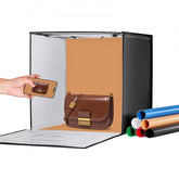 Bostome 20x20 photo studio light box with adjustable 3000-5600K LEDs, foldable setup, and colored backdrops.